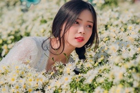 白色小雏菊花海美女写真摄影图片